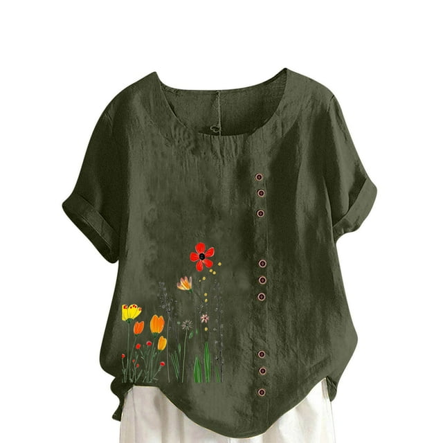 Blouse en Lin pour Femmes à Boutons Imprimé Floral Manches Courtes Tunique Décontractée Légère d'Été