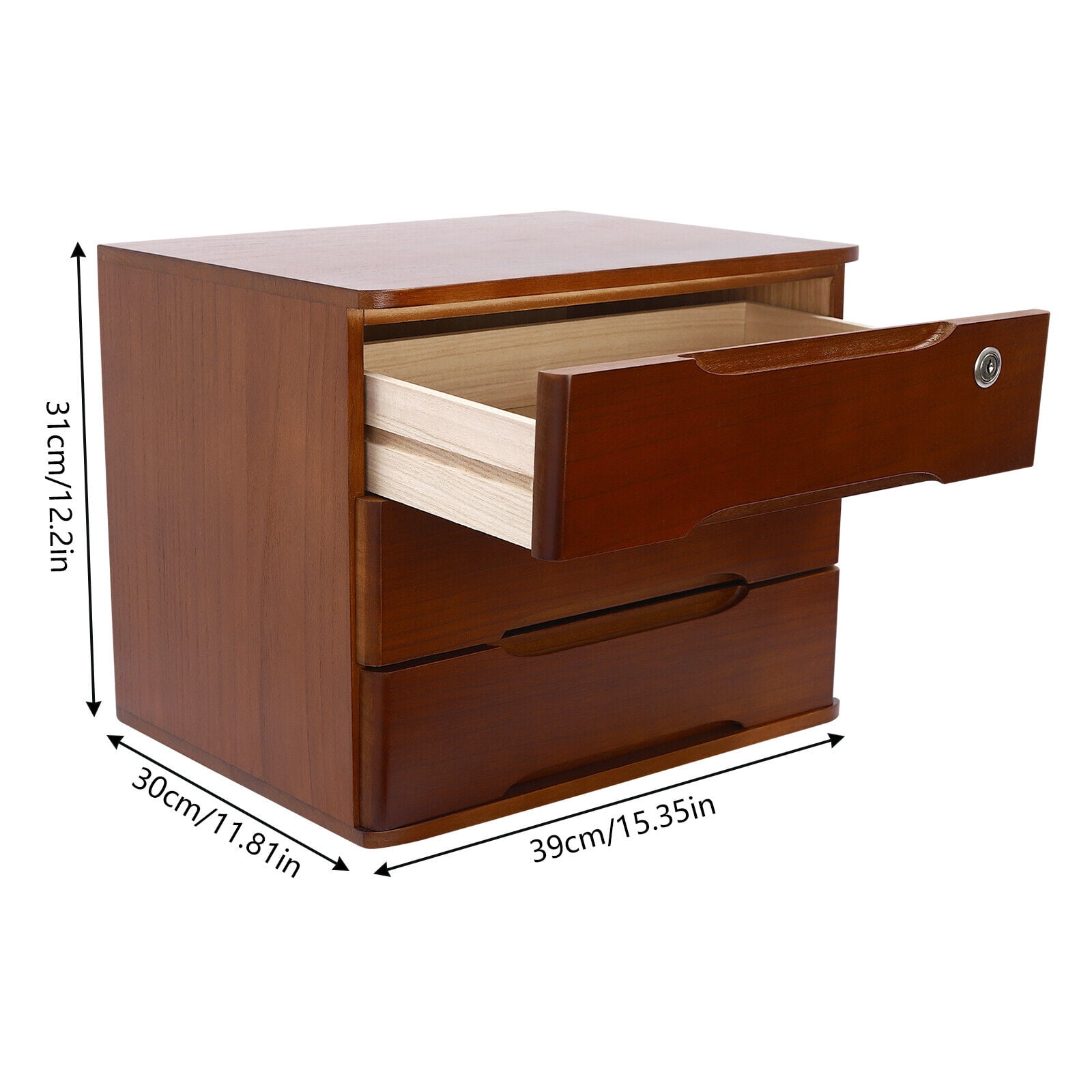 3-Tier Walnut File Cabinet Organizer Desktop Storage Box with Lockable 3 Drawers