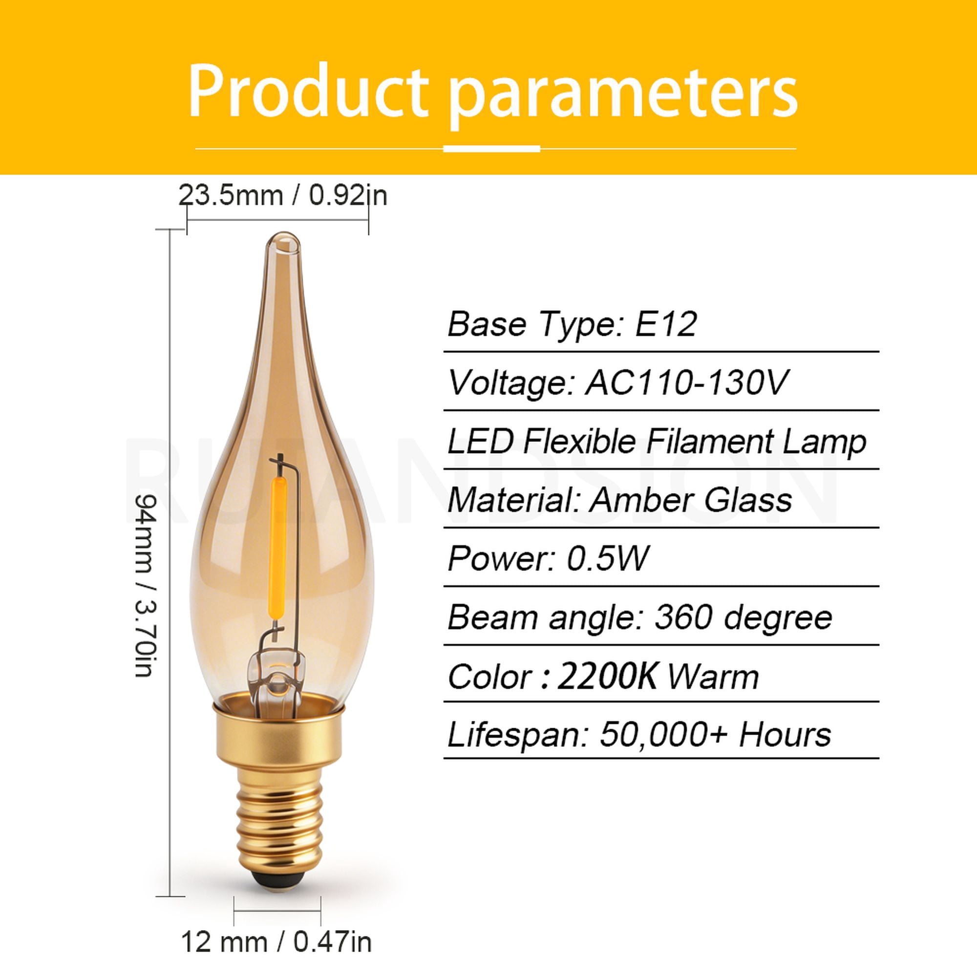 Ruiandsion E12 Retro Filament LED Bulbs,0.5W Amber Glow,No-Flicker, for Wall Sconce, Holiday Decor,12-Pack