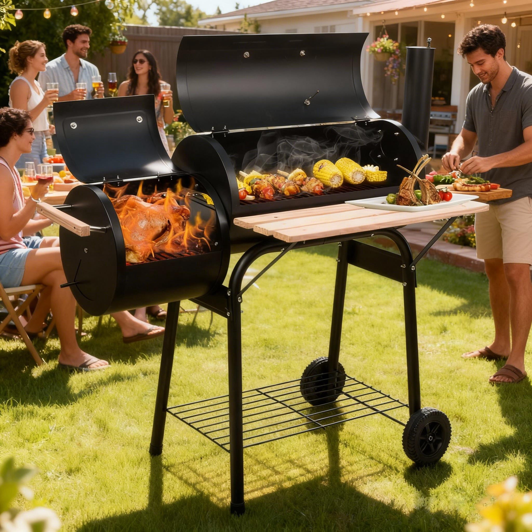 ENYOPRO Charcoal Grill,Outdoor BBQ Smoker Grill,Offset Smoker & Side Fire Box,with Thermometer,Wheels & Wooden Shelf for Backyard Patio Cooking