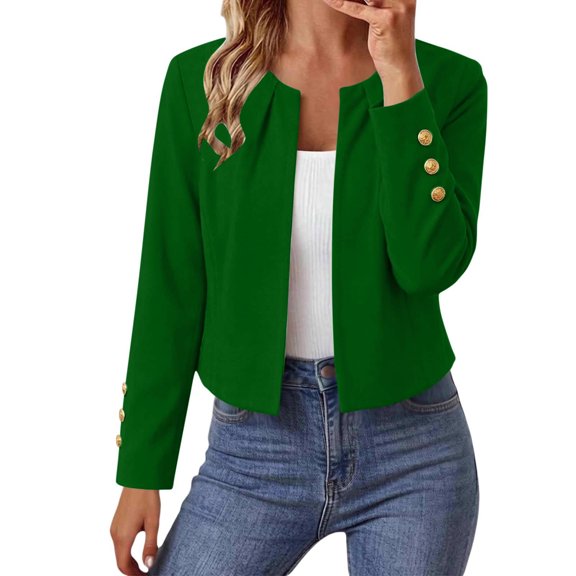 Ghalytn Women's Open Front Cropped Blazer with Gold Button Cuffs, Round Neck Long Sleeve Suit Jacket