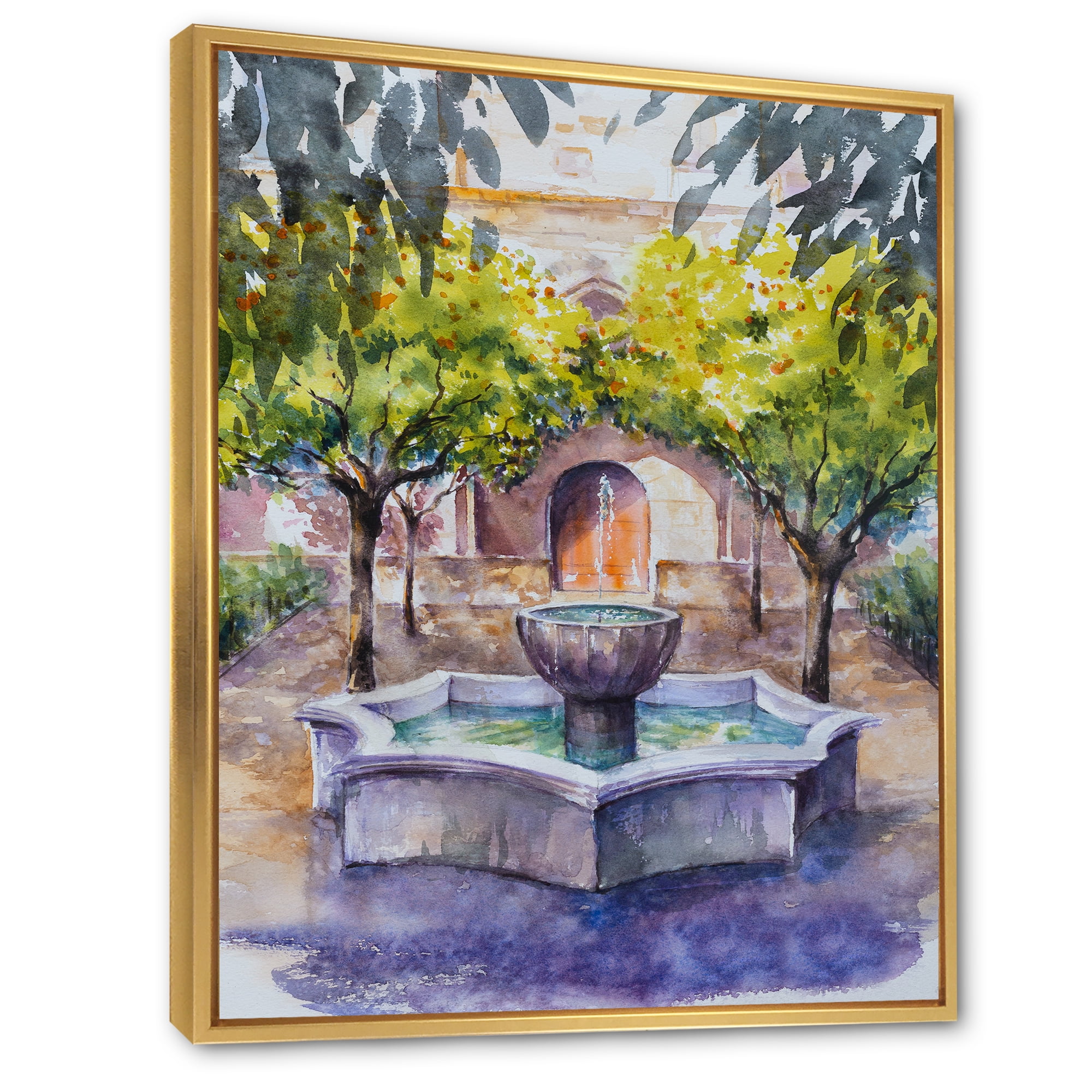 Designart 'Small Fountain With Trees In The Village House' Country Framed Canvas Wall Art Print