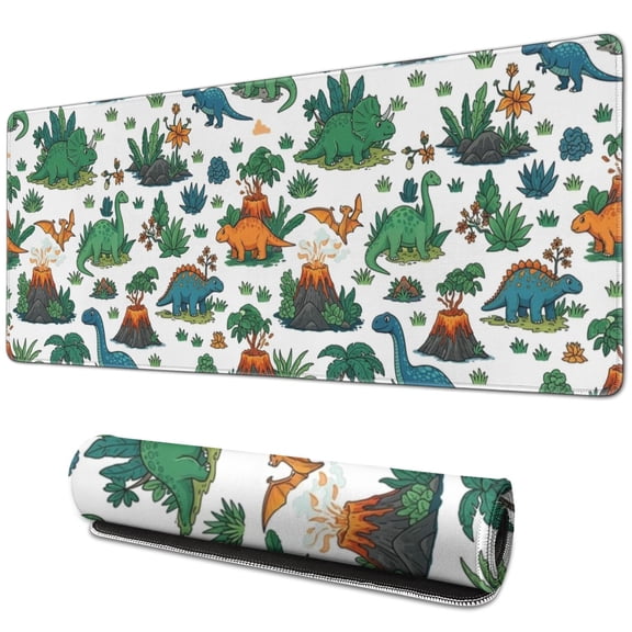 Long Mouse Pads for Desk,Colorful Dinosaurs Volcanoes Plants Desk Mats on Top Of Desks, Desk Mouse Pad Extra Large with 3mm Non-Slip Base and Stitched Edge for Gaming,Work,Home 31.5"x11.8"