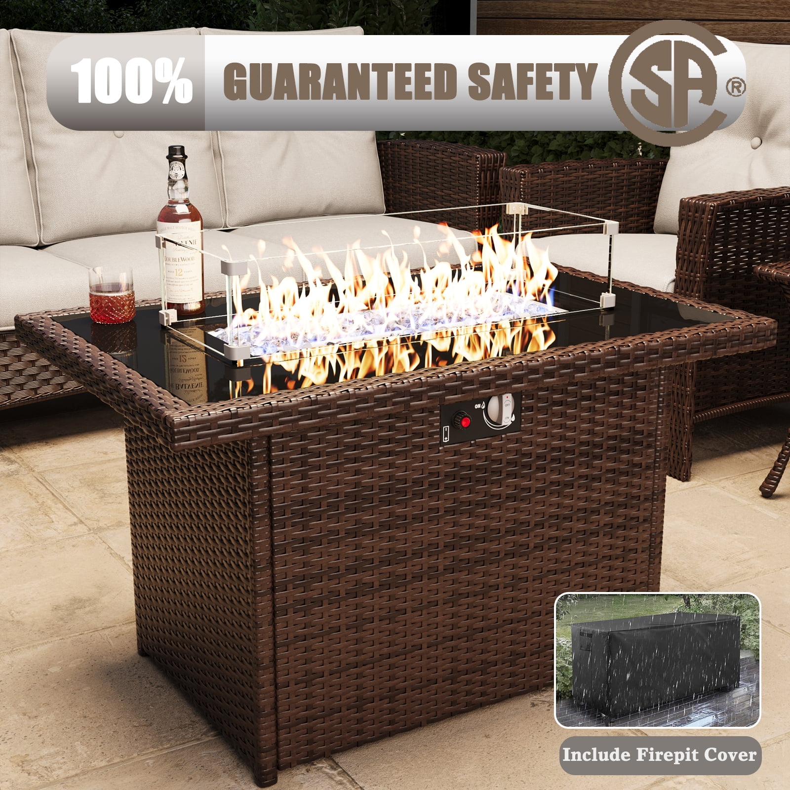 LayinSun 10 Piece Wicker Patio Furniture Set with Fire Pit Table, Classis Outdoor Conversation 360 Degree Swivel Chairs Set with Coffee Table