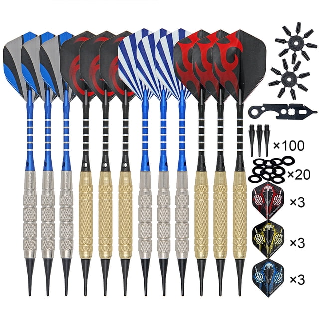 Amdohai 12 Pcs Darts Dart Flight Ensemble avec 12 Fléchettes Comprenant des Barils Moletés pour une Prise Uniforme, des Embouts Souples pour un Jeu Sécuritaire, et des Accessoires de Rechange Incluant 100 Embouts de Fléchettes, 9 Vols de Rechange, 20 Joints Toriques, 2 Ensembles de Fléchettes de Sécurité et un Outil Clé. Convient à l'Équipement de Jeu de Fléchettes et au Divertissement Intérieur Ou Extérieur.