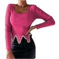 thumbnail image 2 of Goodtrade8 Hot Pink Fall Tops for Women Long Sleeve Beaded Solid Color Casual Crew Neck Fall Shirts Plus Size Women, 2 of 8
