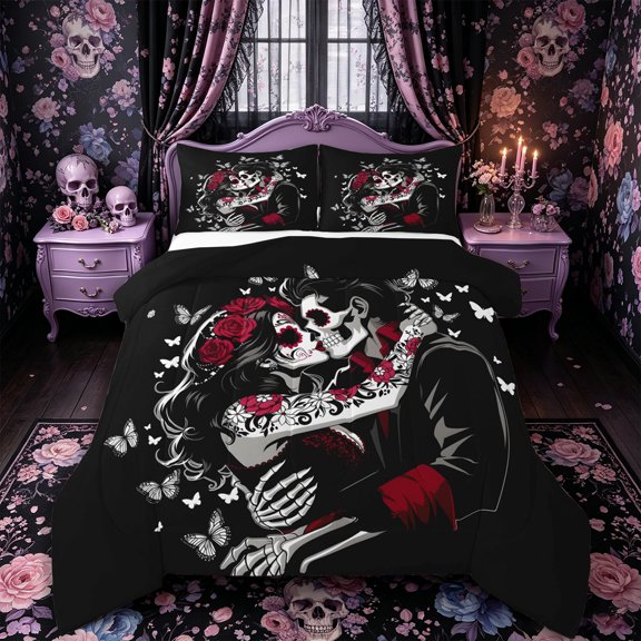 Castle Fairy Day Of Dead Skeleton Couple Full Size Comforter Sets 3-Piece,Valentine'S Day Rose Butterfly Bedding Comforter Set,Red Blacks,1 Comforter and 2 Pillowcases,Black Reversible