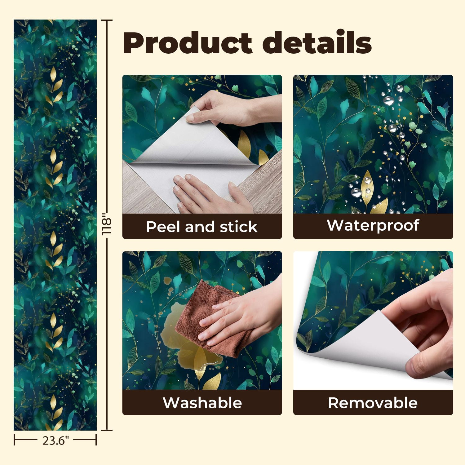 Peel and Stick Wallpaper 23.6in x 9.8ft Seamless Botanical Golden Teal Leaves Dark Green Contact Paper Vinyl Self-Adhesive Removable Wall Paper for Bedroom DIY Home Decor Renter Friendly