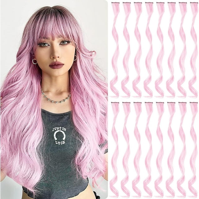 LAICAIW 16 Pcs Extensions de Cheveux Colorées Bouclées Ondulées à Clipser Postiche Synthétique à Rayures pour Filles Femmes Enfant, Mèches de Fête Multicolores (Rose Pâle)