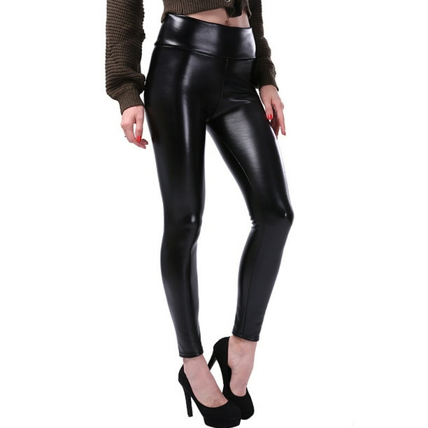 Leggings de cuero para mujer espesar Otoño Invierno cálido elástico adelgazante señora noveno pantalones frío chica pantalones para adultos Prendas para la parte inferior del cuerpo Negro L Jumpingount AP004661-03
