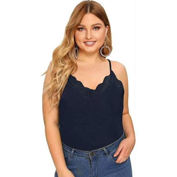Camiseta sin mangas con cuello en V para mujer con tirantes finos y encaje Xemadio LRWJ117-4