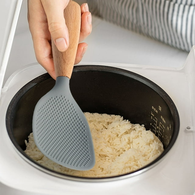 Cqxid Tableware Under $5 Silicone Rice Spoon Kitchen Utensils Cooking Wooden Rice Rice Spatula Rice Rice Serving Spoon Scoop Reusable Rice Spoon Wood Tablespoon Handle