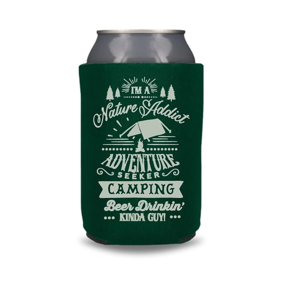 Camping Can Cooler, I'm A Nature Addict, Funny Couple Camping Trip Coolies, Camping Trip Kit and Gift Ideas, Outdoor Drink Accessory (Forest Green)