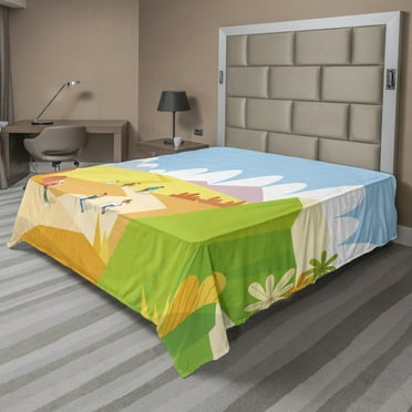 Travel Flat Sheet, Colorful Cheerful Landscape Cartoon of Adventurous Tourists in Nature Tracking, Soft Comfortable Top Sheet Decorative Bedding 1 Piece, 6 Sizes, Multicolor, by Ambesonne