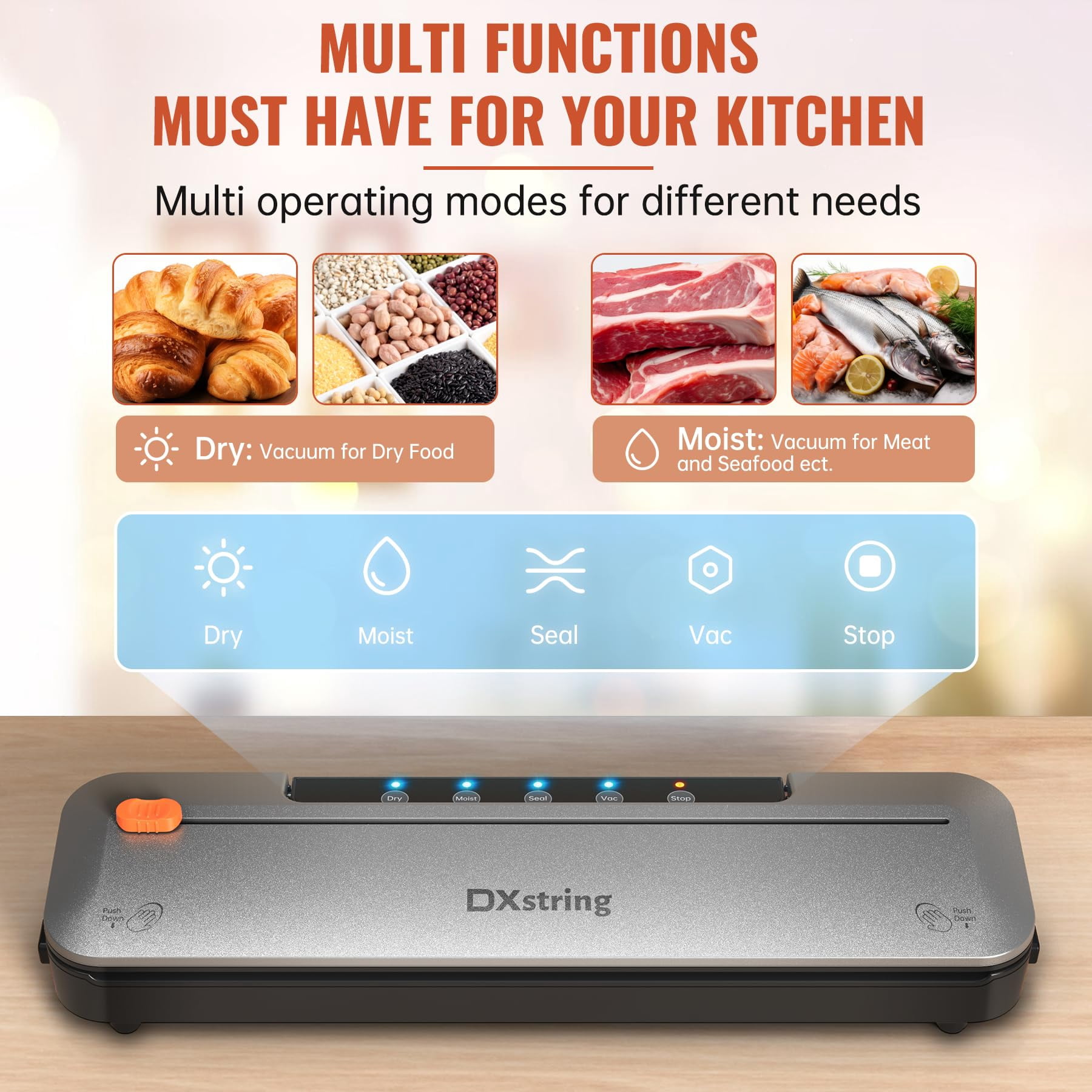 Vacuum Sealer, 75KPa Vacuum Sealer Machine, 5-in 1 Fully Automatic Food Sealer with Starter Kits with 15 Bags, Food Vacuum Saver for Dry/Wet Food, with Cutter, Easy Clean, Compact
