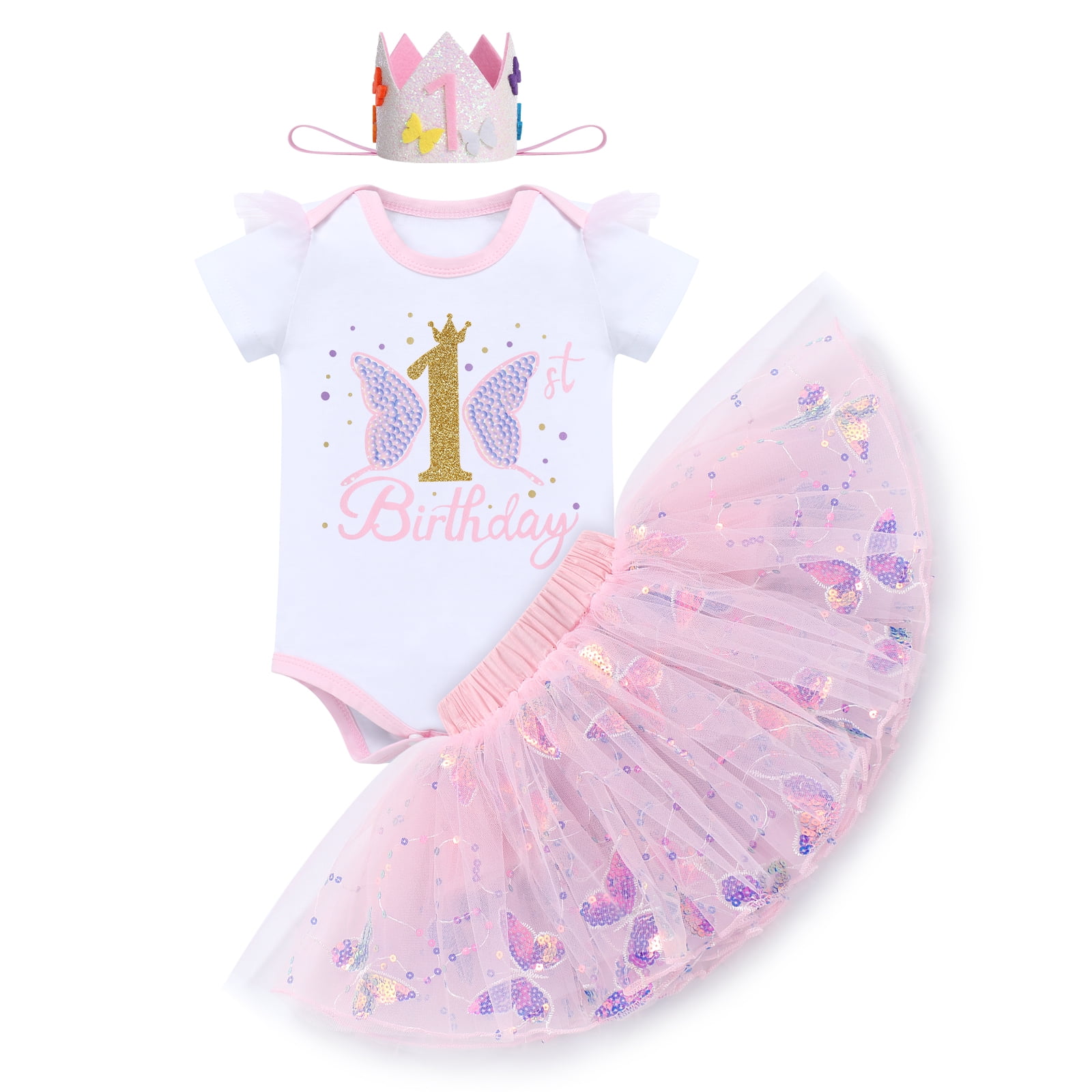 IBTOM CASTLE Baby Girl 1st Birthday Outfit Sequin Butterfly Romper Tutu Skirt Headband Clothes for Cake Smash Photo Shoot 1 Year Pink Butterfly