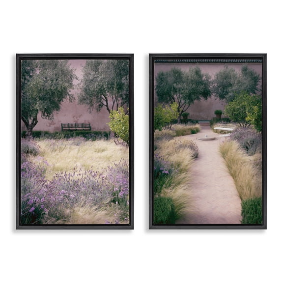 Stupell Industries Natural Paradise Garden Benches 2 Piece Black Framed Floater Canvas Set design by Deborah Revell, 25 x 17