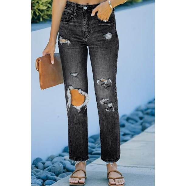 Womens black jeans with holes sales