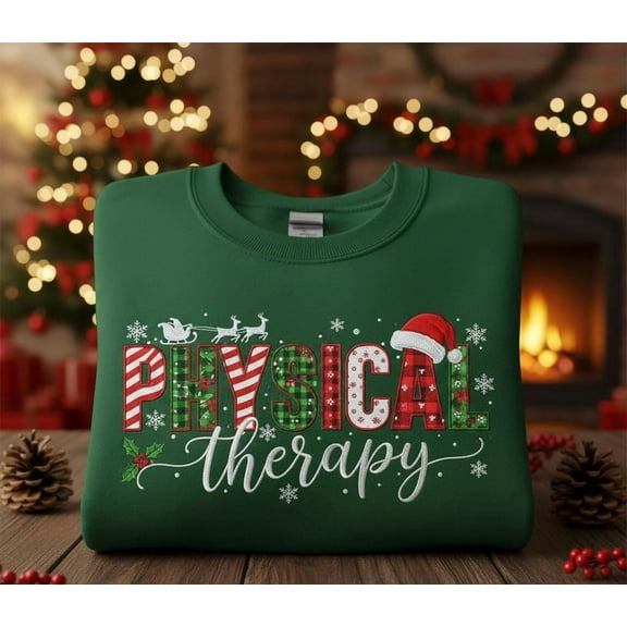 Physical Therapy Christmas Embroidered Sweatshirt, Holiday PT Gift, Santa Hat Plaid Letter Shirt, Cozy Therapist Top