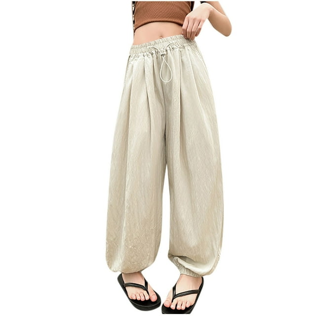 Lantern Pants for Girls, Loose Fit Ice Silk Sports Pants with Drawstring Waist, Mosquito-Proof, Breathable Polyester, Mid-Size 150 cm, Summer Long Pants