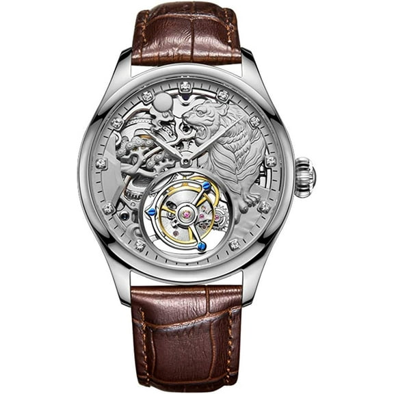 AESOP Tourbillon Mechanical Hand-Wind Wrist Watch Men Sapphire Luminous Tiger Roaring Forest Skeleton Diamond Dial Clock Leather Band Everything Goes Smoothly Invincible