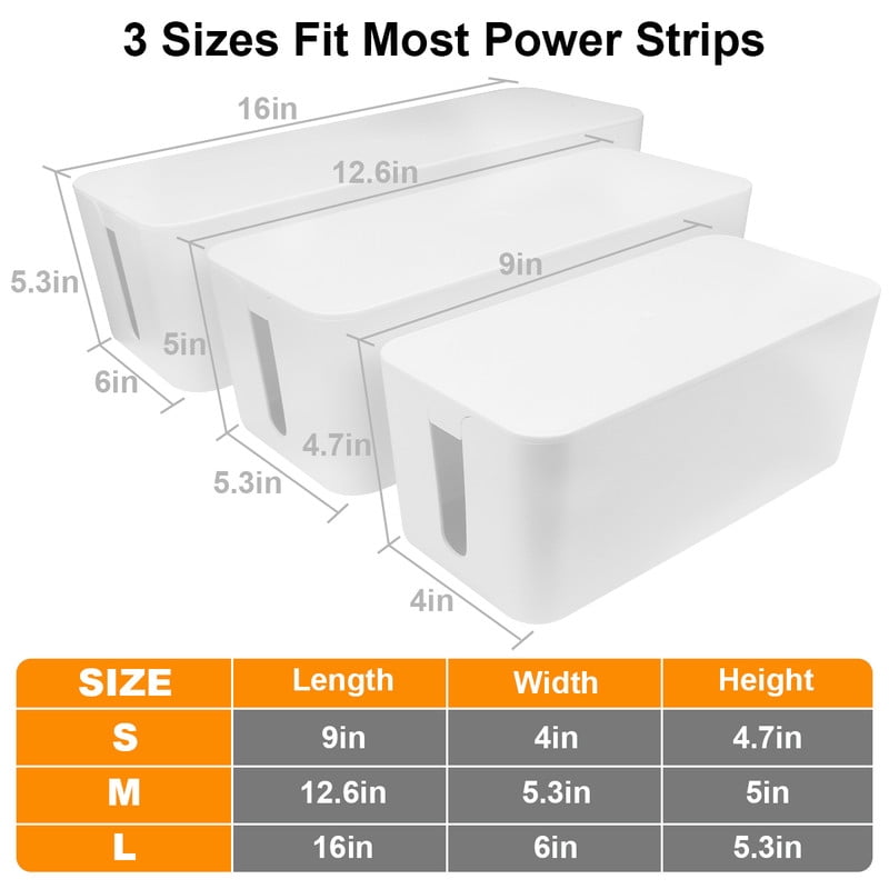 Whole Sale Direct 3-Size Cable Hider Box Set - Universal Surge Protector Cover with Ventilation Slots, 10 Cable Ties & 4 Clips for Home/Office (White)