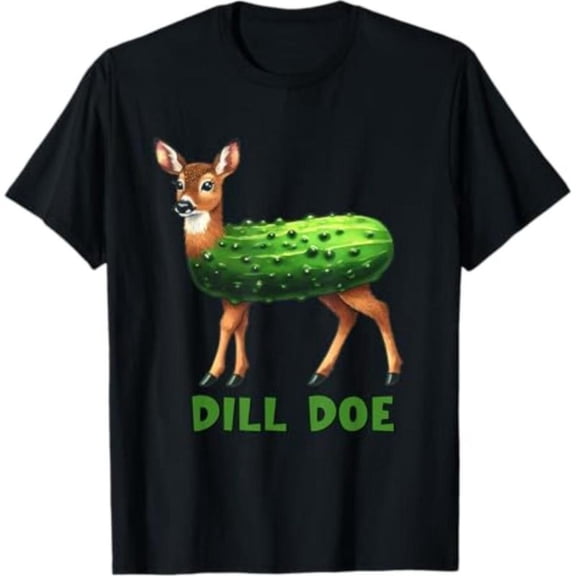 Playful Food - Animal Hybrid Themed Patterned Tee,Tops Boasts Hybrid Deer - Pickle Illustration and "DILL DOE" Text, Round Neck Regular Fit T - shirts, Size(S - 5XL)