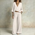 thumbnail image 5 of LEKWK Vacation Outfits for Women Elegant V Neck Long Sleeve Oversized Top and Wide Leg Pants Linen Matching Set Casual Travel Beach Loungewear, 5 of 6