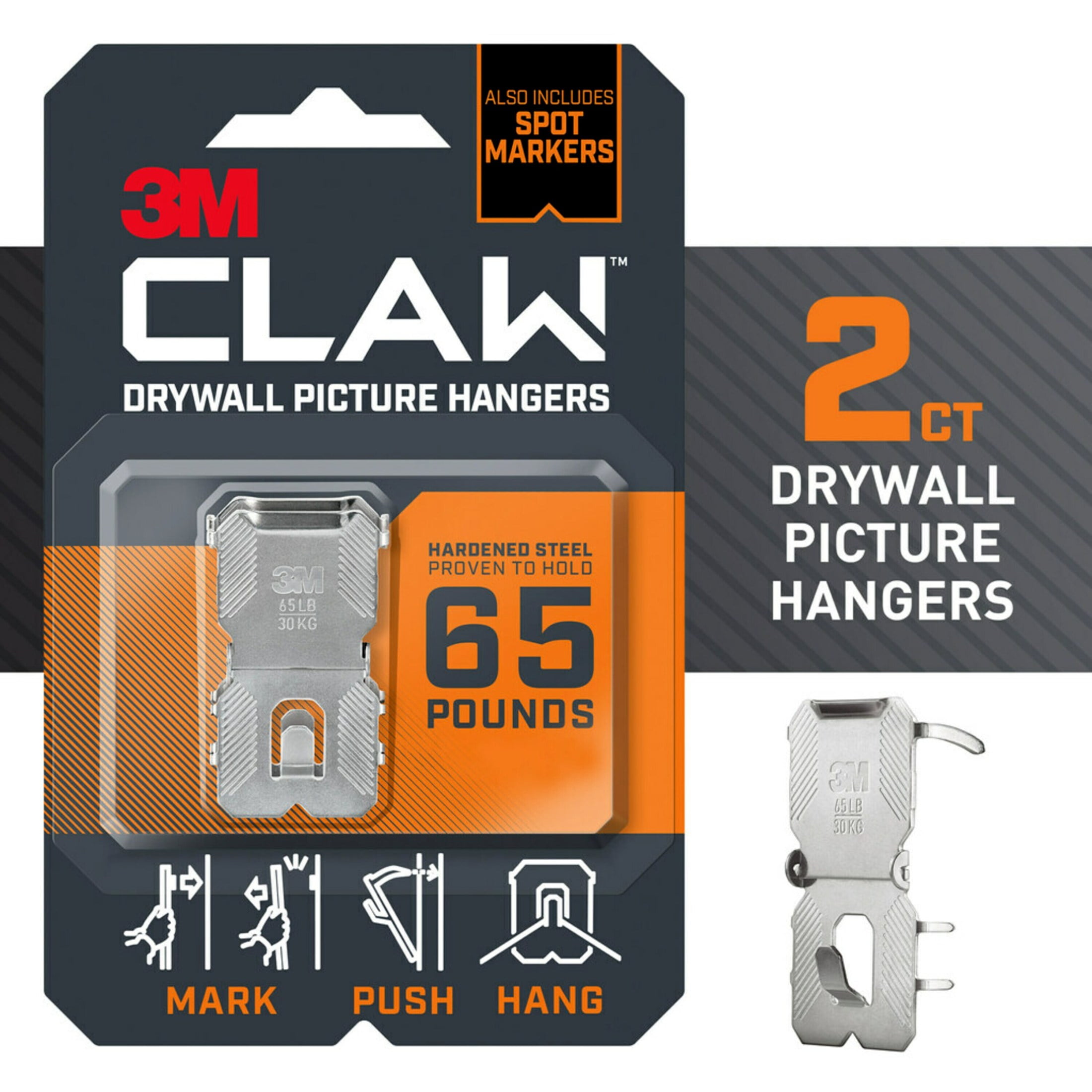 (3 pack) 3M CLAW 65 lb. Drywall Picture Hanger with Spot Marker, Gray, Heavyweight Hanging Solution for Room Decor and Office Decor, Including Mirrors or Large Art, 2 Wall Hangers, 2 Spot Markers