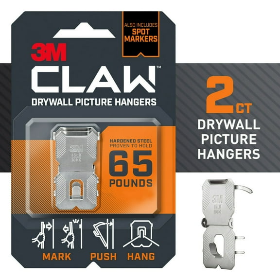 3M CLAW 65 lb. Drywall Picture Hanger with Spot Marker, Gray, Heavyweight Hanging Solution for Room Decor and Office Decor, Including Mirrors or Large Art, 2 Wall Hangers, 2 Spot Markers