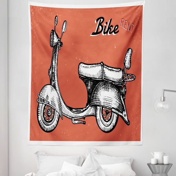 Retro Tapestry, Retro Scooter Sign for Bike Bicycle Rent Classic Grunge Illustration Art, Fabric Wall Hanging Decor for Bedroom Living Room Dorm, 5 Sizes, Red Black White, by Ambesonne