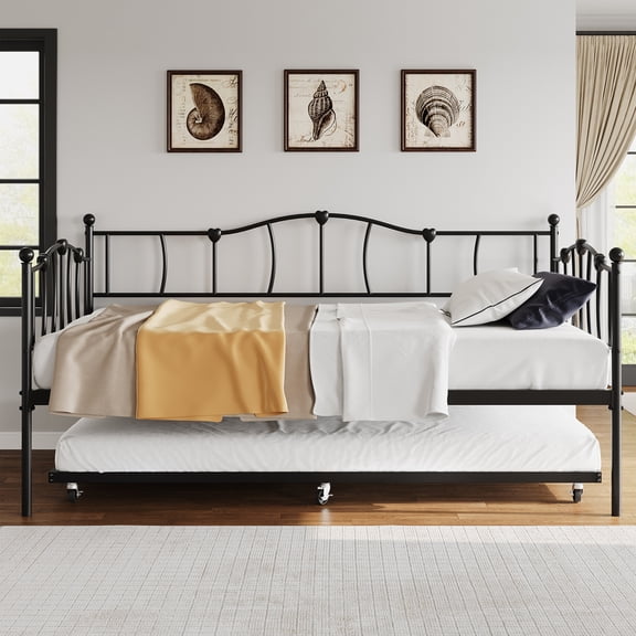 Metal Twin Size Day Bed with Pullout Trundle, Steel Slat Support Sofa Beds, No Box Spring Needed, Space-Saving Trundle Sofa Bed Frame Set for Living Room Guest Room