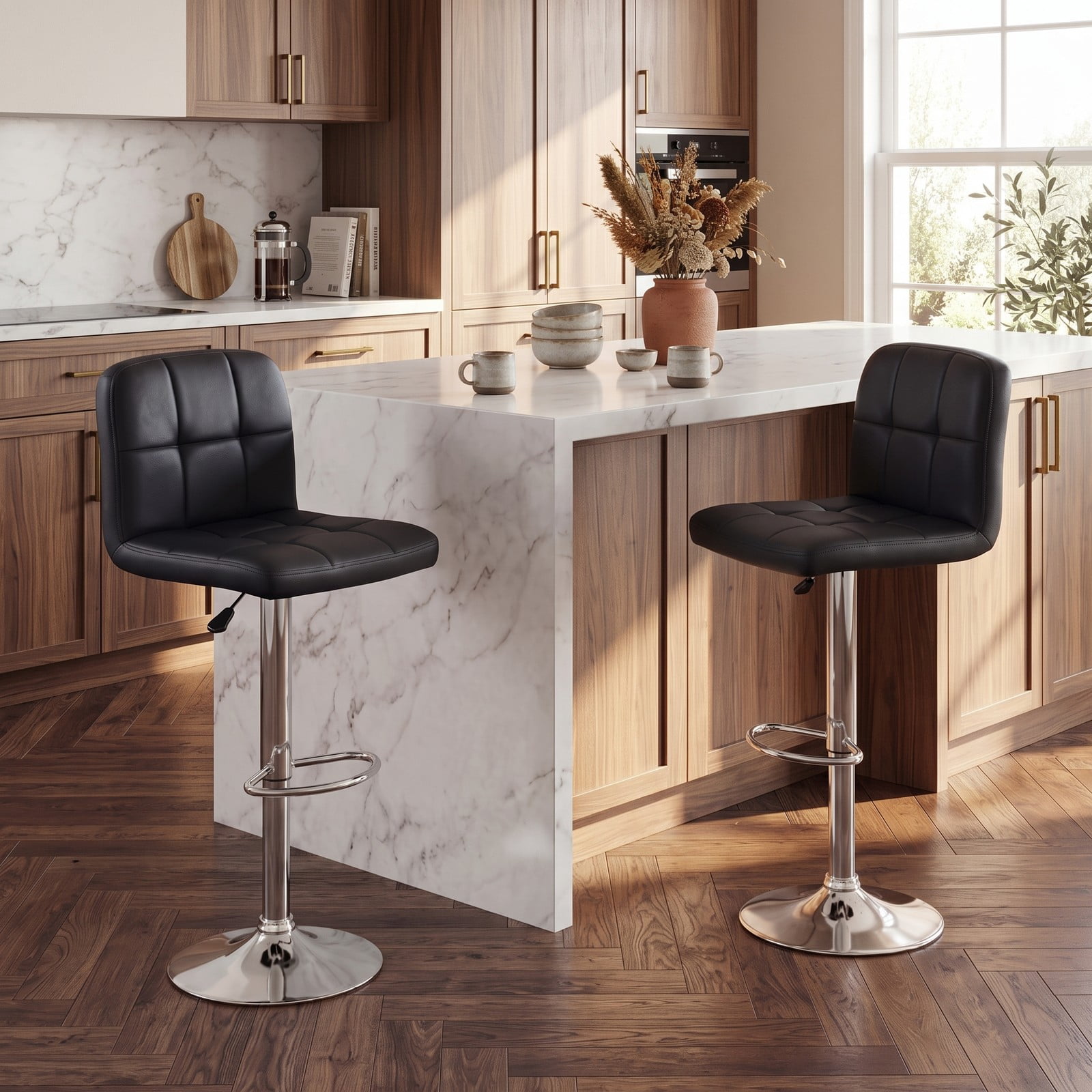 Furnibear Swivel Bar Stools Set of 2, 24-32 Inch Adjustable Height Counter Barstools with Footrest and Backrest, 360 Degree Swivel Faux Leather Cushioned, Black