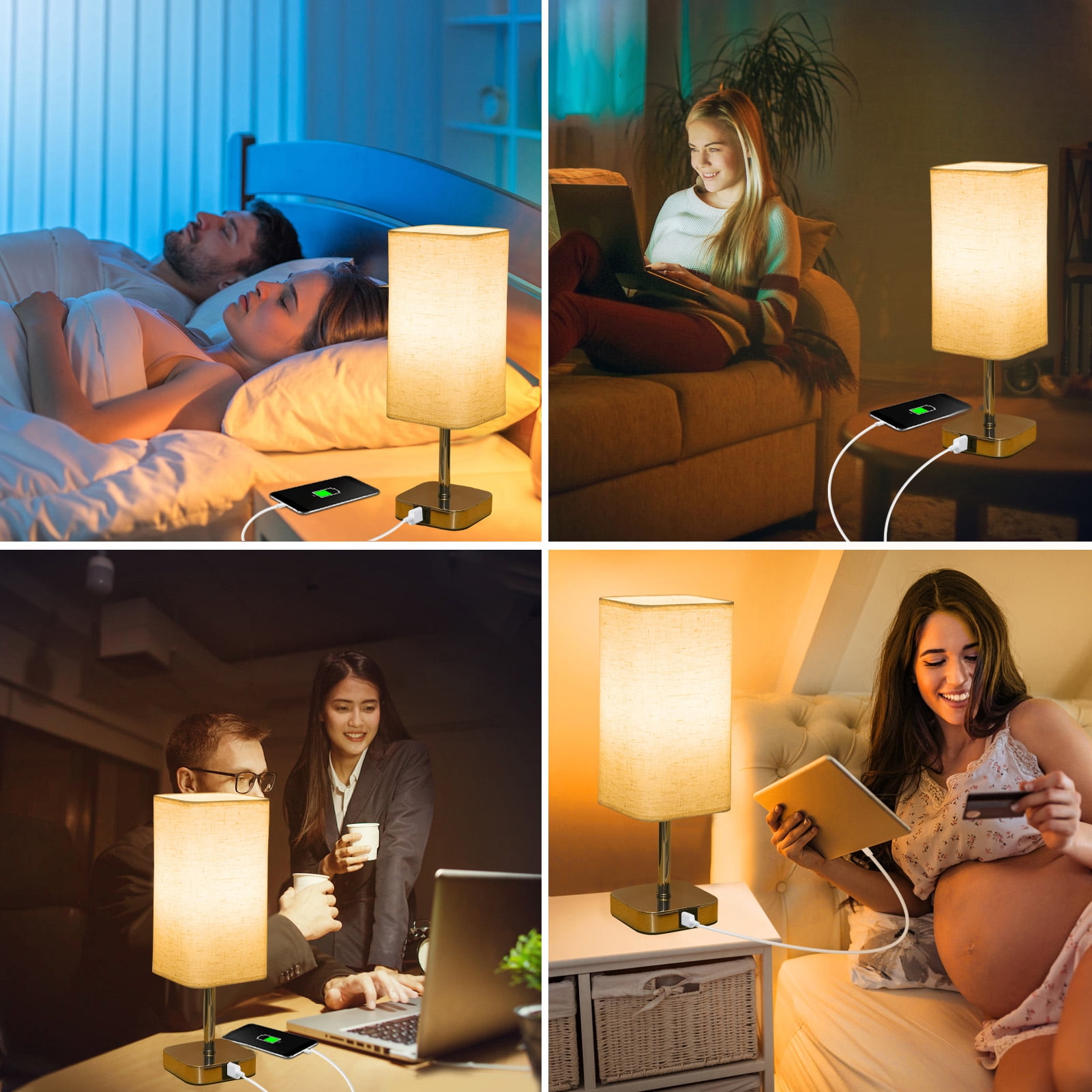 2 Pack Bedside Table Lamp, Touch Control Nightstand Lamp with USB A+C Charging Ports, 3-Way Dimmable lamps with Linen Fabric Shade for Bedroom Living Room