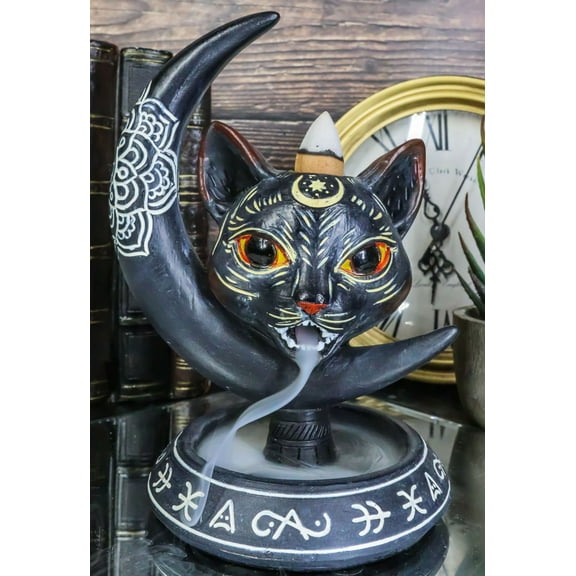 Occult Wicca Sacred Geometry Black Cat Crescent Moon Backflow Incense Burner