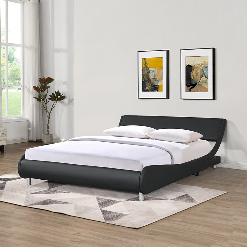 Faux Leather Platform Bed Queen Size, BTMWAY Modern Black Leather Queen
