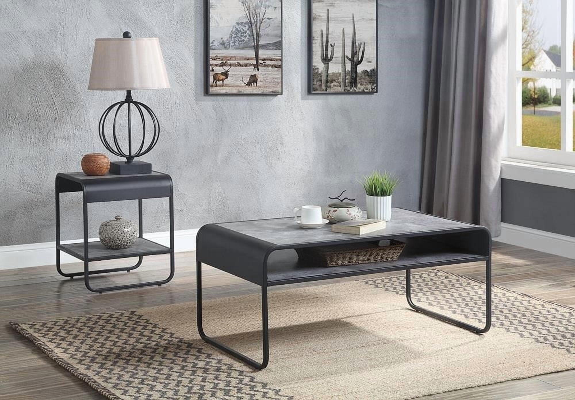 Modern Black Metal Frame Coffee Table with Concrete Gray Shelf|Sleek Design