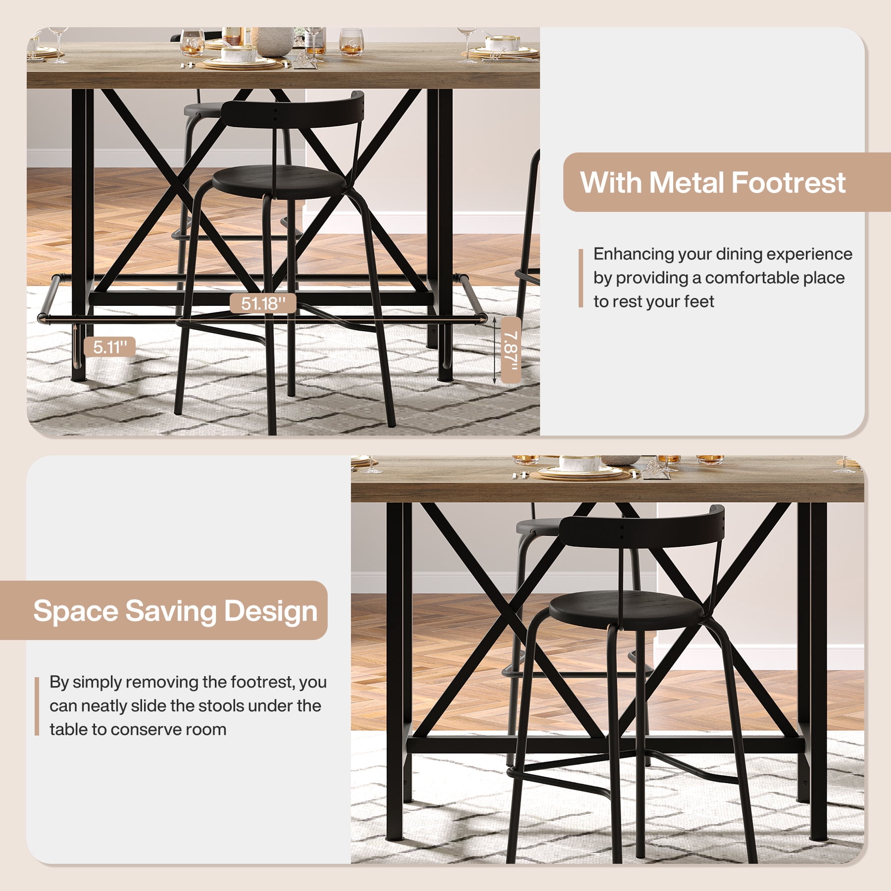 Fnova 35.4" Tall Dining Table, Rectangular Counter Height Kitchen Table with Metal Footrest for 6 People