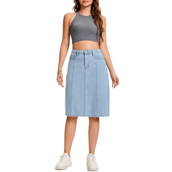 INSPIRE CHIC Women's Jean Skirts High Waist A Line Elastic Back Waist Casual Knee Length Denim Skirt L Pale Blue