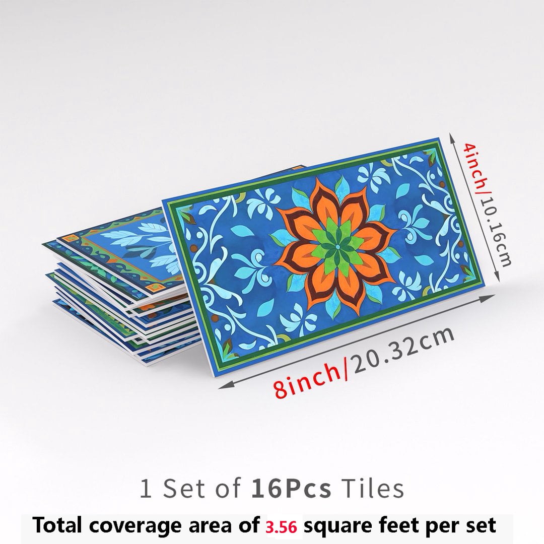16Pcs Foaming Board Vinyl Tiles Stickers Wall Decals 8" x 4" Waterproof Peel and Stick Backsplash Blue Green Orange Flowers Pattern Mural