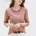 thumbnail image 2 of JAKANYQ T-Shirts pour Femmes Nouveau Col Rond Contraste de Couleur Rayé Manches Longues T-Shirt de Base pour Femmes avec Hauts d'Art Rétro T-Shirt Mignon, 2 of 5