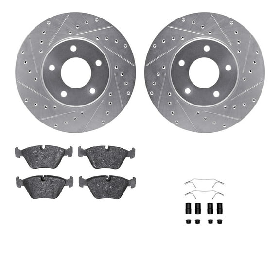 Dynamic Friction Company Front Brake Rotors-Drilled and Slotted-Silver with 5000 Advanced Brake Pads includes Hardware 7512-20006