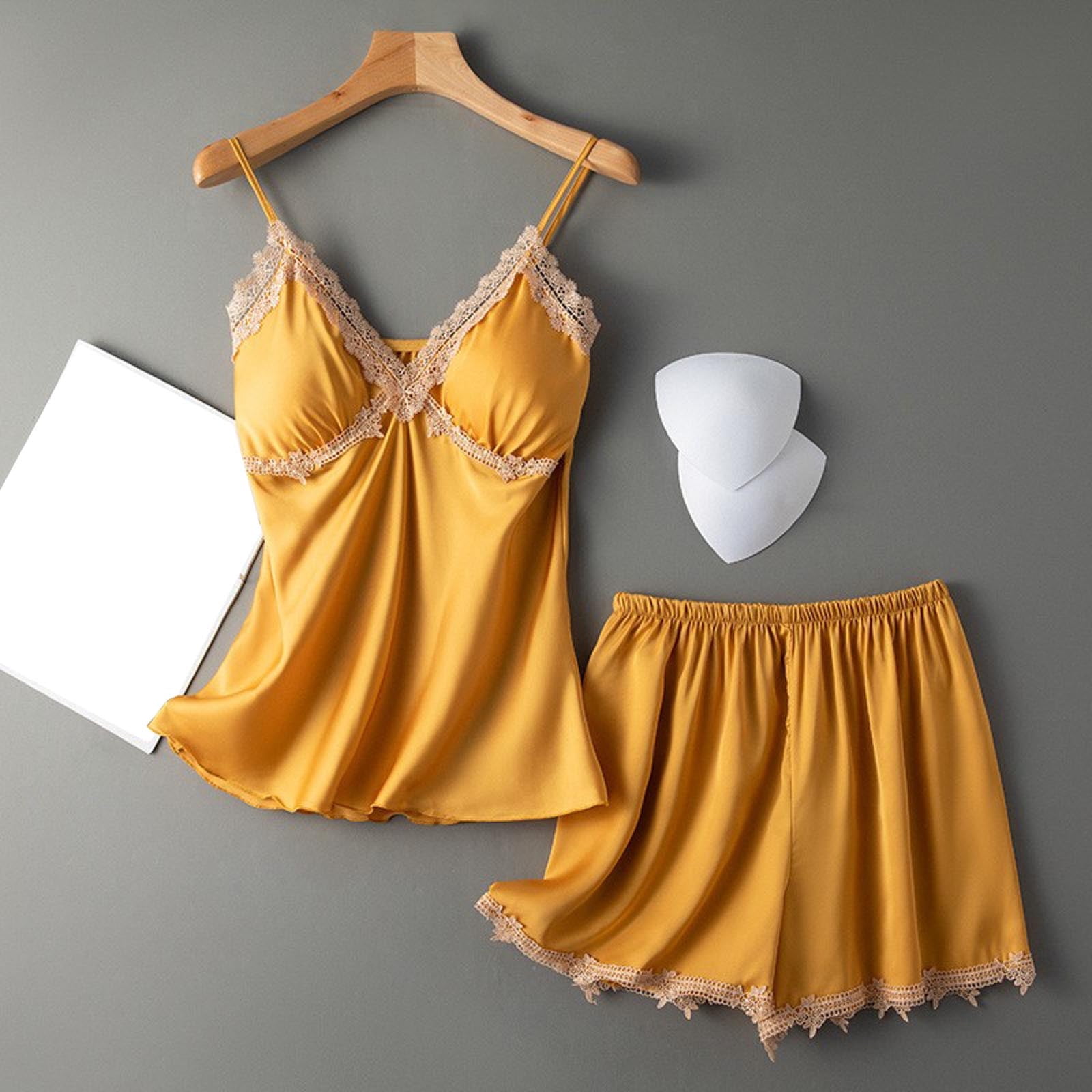 eczipvz Pajamas for Women Set Women s Silk Pajama Set Bride Bridesmaid Pajamas Short Button Up Pajamas for Women Lace Pj Sets M Yellow