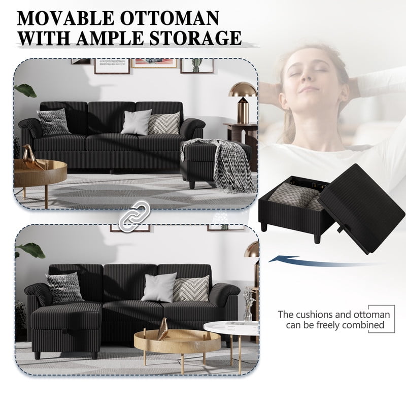Walsunny 79" Convertible Sectional Sofa, L Shaped Sofa Couch with Reversible Chaise for Living Room Modern Linen Fabric for Living Room, Black