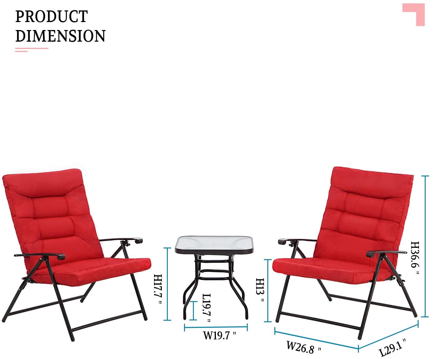 Suncrown Patio Padded Folding 3-Pieces Chair Set Adjustable Reclining Outdoor Furniture Metal Sling Chair with Coffee Table, Red