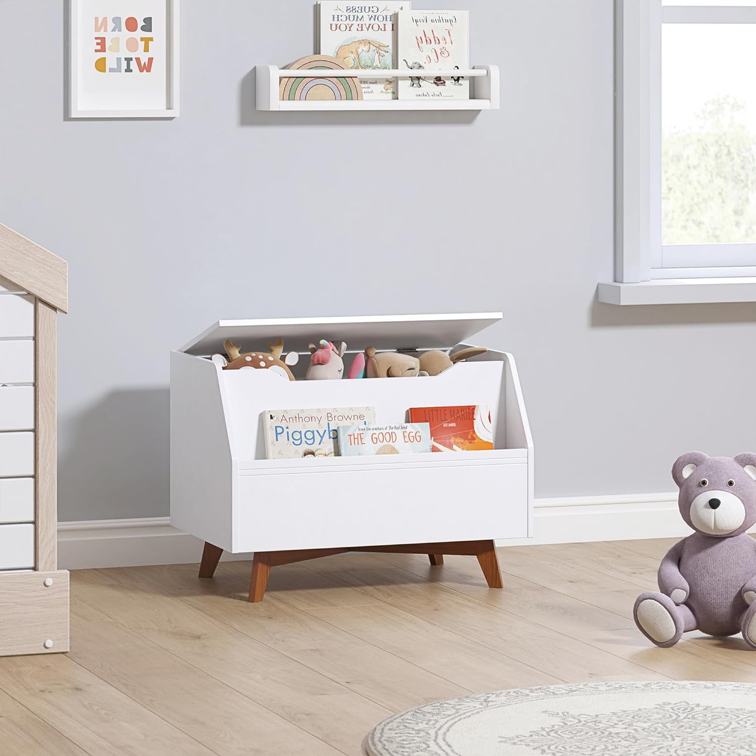Kids Toy Box with Bookshelf Storage Organizer  for Boys and Girls, White Wooden Toy Chest with Safety Lid and Front Book Rack for Playroom Bedroom