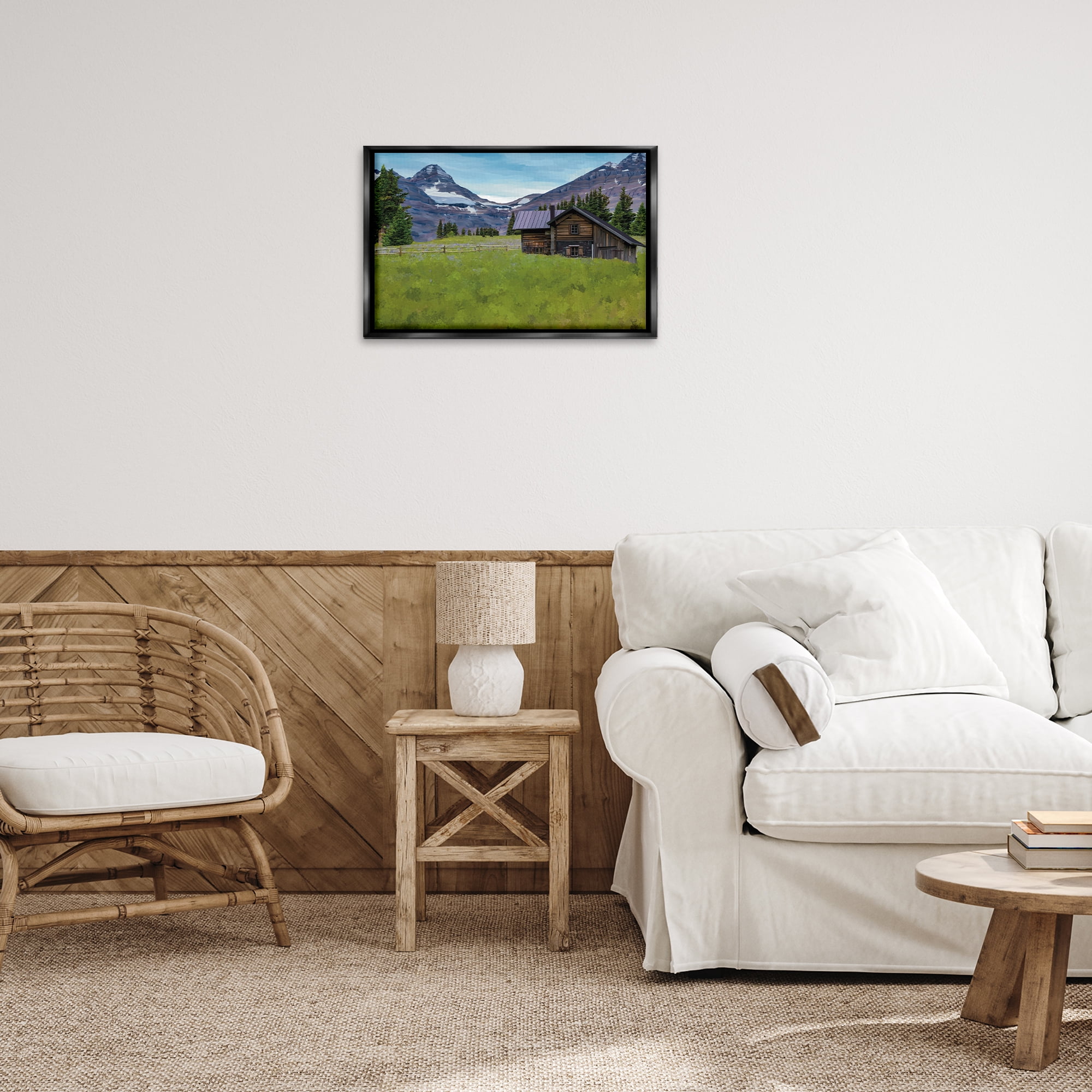 Stupell Industries Cabin on Ranch Landscape Landscape & Nature Painting Black Floater Framed Canvas Art Print Wall Art, 25 x 17