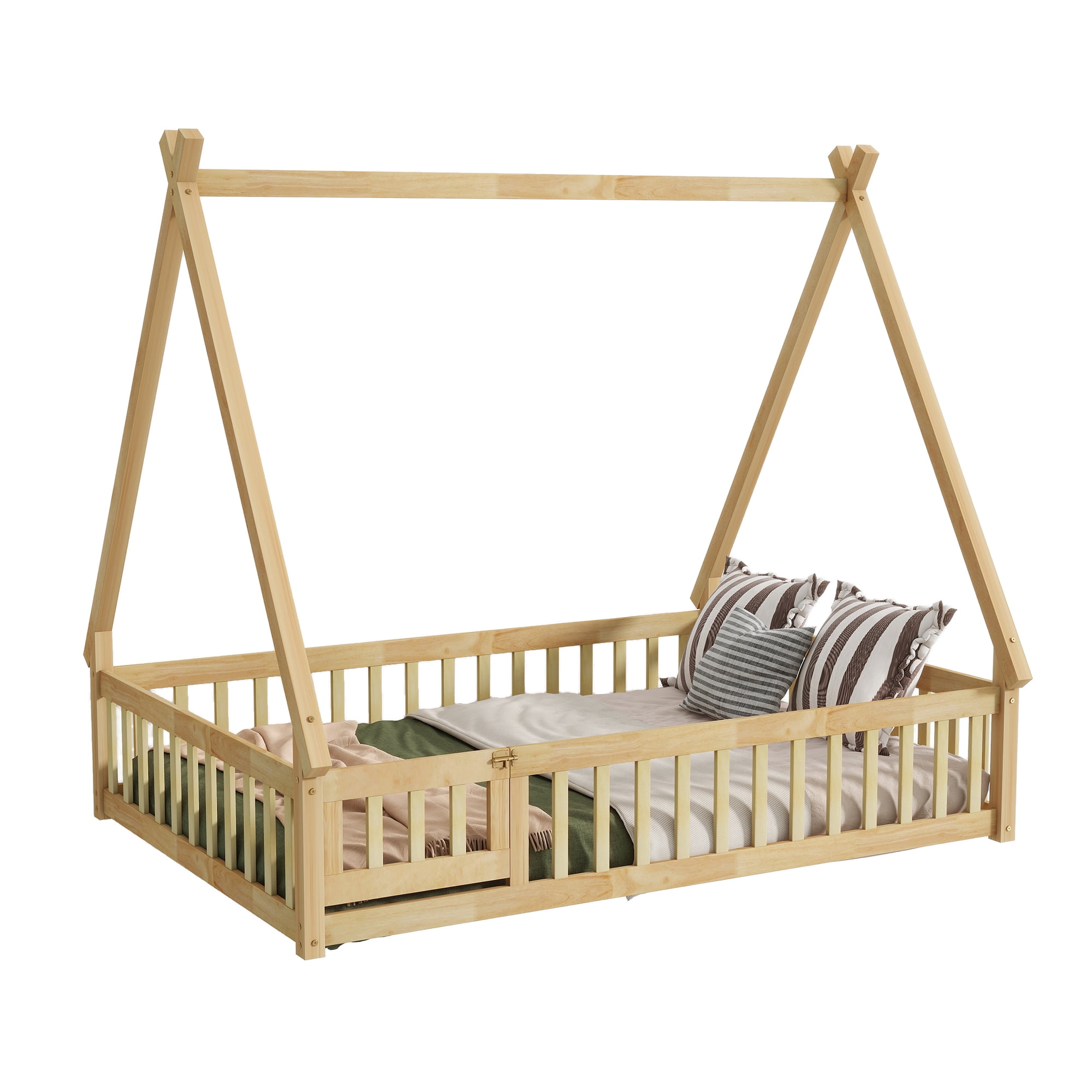 Sailvan Full Size Rubber Wood Tent-shaped Floor Bed,with Guardrails,Slats and Door