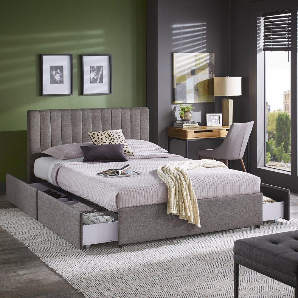 Weston Home Gaylen Grey Linen Upholstered Storage Platform Queen Bed with Channel Headboard