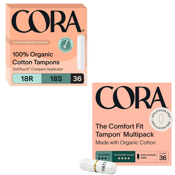 Cora Organic Feminine Care | Applicator and Non-Applicator Tampon Multipack | 100% Organic Cotton, Unscented, BPA-Free Compact Applicator | Leak Protection | Packaging M